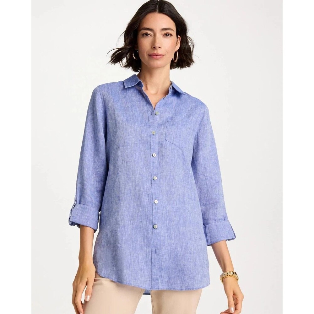 Chico's Indigo Blue No Iron 100% Linen Button Up 3/4 Sleeve Tunic Top Size 14